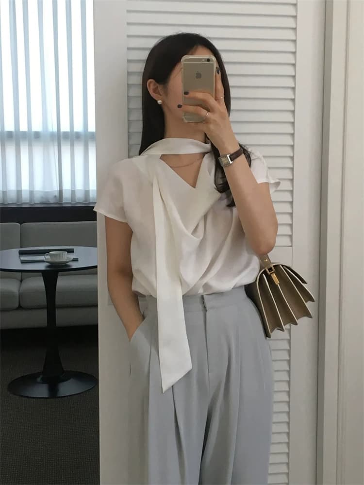 한국 동대문 새로운 품격 다용도 리본 스카프 칼라 얇은 스타일 마이크로 ~을 통해 민소매 흔들다 칼라 새틴 티셔츠 여성 상세 이미지 16