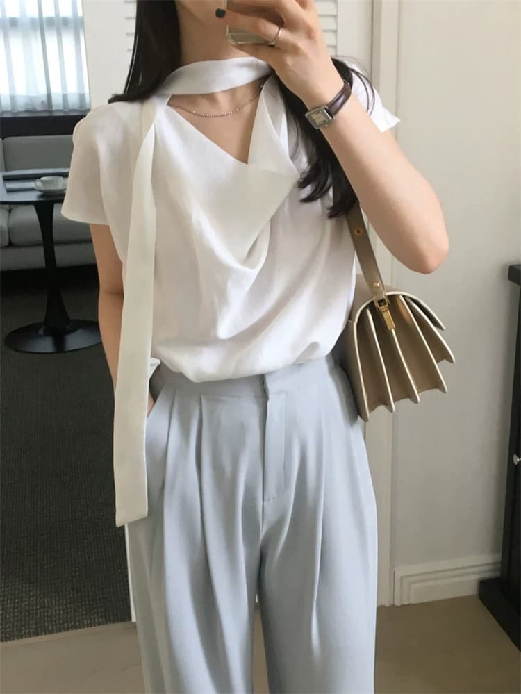 한국 동대문 새로운 품격 다용도 리본 스카프 칼라 얇은 스타일 마이크로 ~을 통해 민소매 흔들다 칼라 새틴 티셔츠 여성 상세 이미지 24