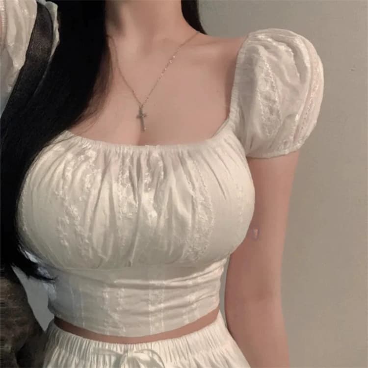 한국 동대문 새로운 품격 광장 칼라 몸매 가꾸기 주름 쇼트 스타일 디스플레이 몸 다용도 자카드 타이트 반팔 티셔츠 상세 이미지 1