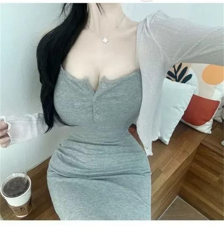 한국 동대문 새로운 품격 몸매 가꾸기 디스플레이 몸 반 개방 칼라 민소매 다용도 롱 코트 슬립 타이트 스커트 드레스 상세 이미지 1