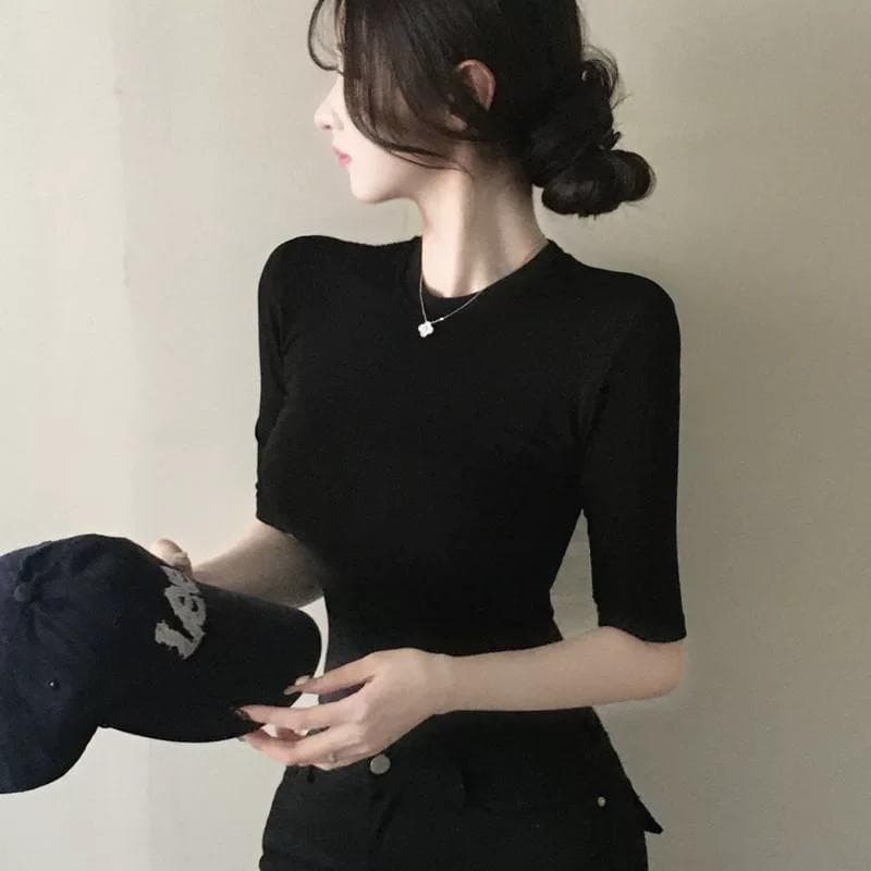 한국 동대문 새로운 품격 몸매 가꾸기 라운드 넥 얇은 스타일 마이크로 ~을 통해 디스플레이 몸 다용도 중간 소매 기본 셔츠 티셔츠 여성 이미지 5