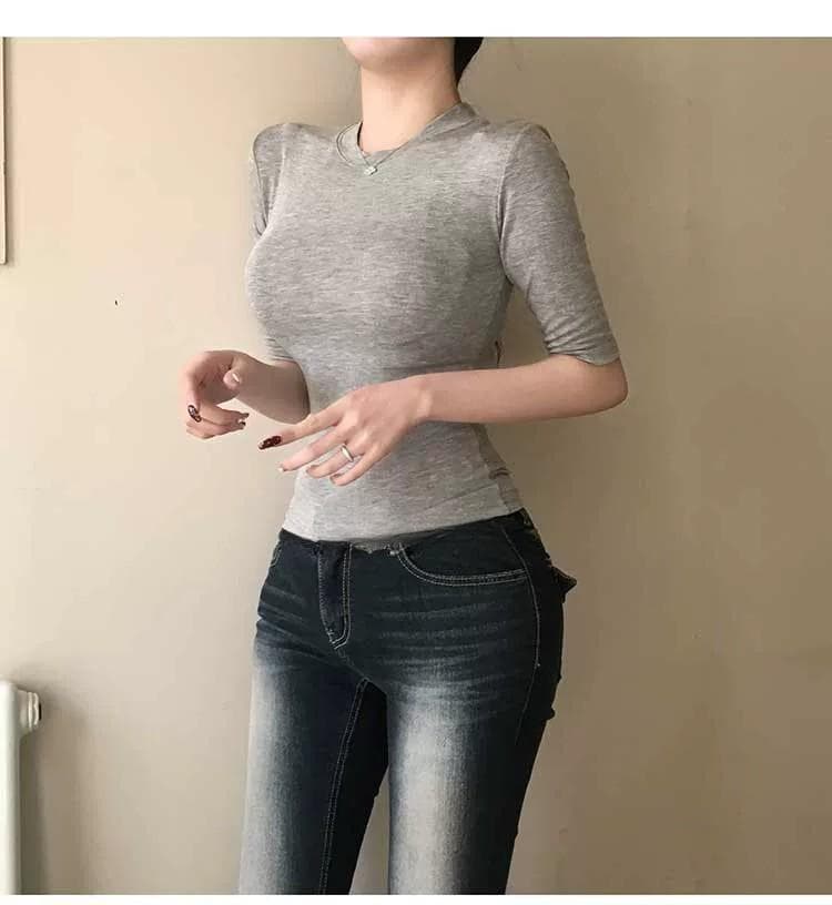 한국 동대문 새로운 품격 몸매 가꾸기 라운드 넥 얇은 스타일 마이크로 ~을 통해 디스플레이 몸 다용도 중간 소매 기본 셔츠 티셔츠 여성 상세 이미지 16
