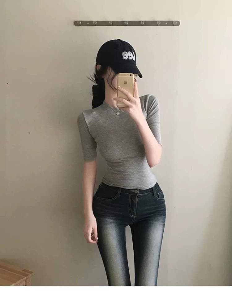 한국 동대문 새로운 품격 몸매 가꾸기 라운드 넥 얇은 스타일 마이크로 ~을 통해 디스플레이 몸 다용도 중간 소매 기본 셔츠 티셔츠 여성 상세 이미지 17