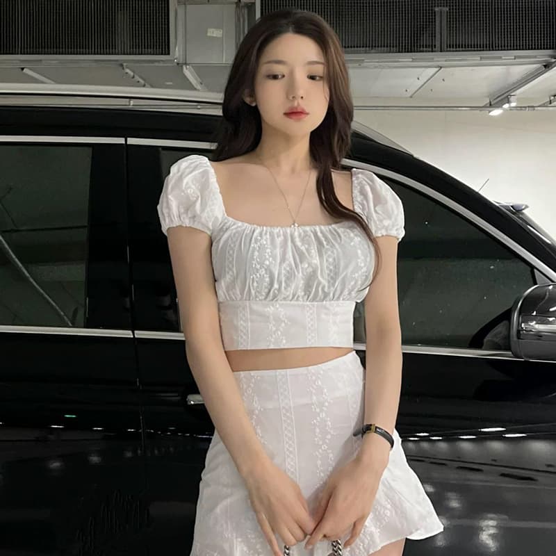 한국 동대문 새로운 품격 광장 칼라 몸매 가꾸기 주름 쇼트 스타일 디스플레이 몸 다용도 자카드 타이트 반팔 티셔츠 이미지 6