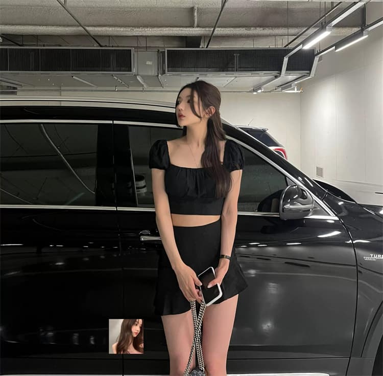 한국 동대문 새로운 품격 광장 칼라 몸매 가꾸기 주름 쇼트 스타일 디스플레이 몸 다용도 자카드 타이트 반팔 티셔츠 상세 이미지 2