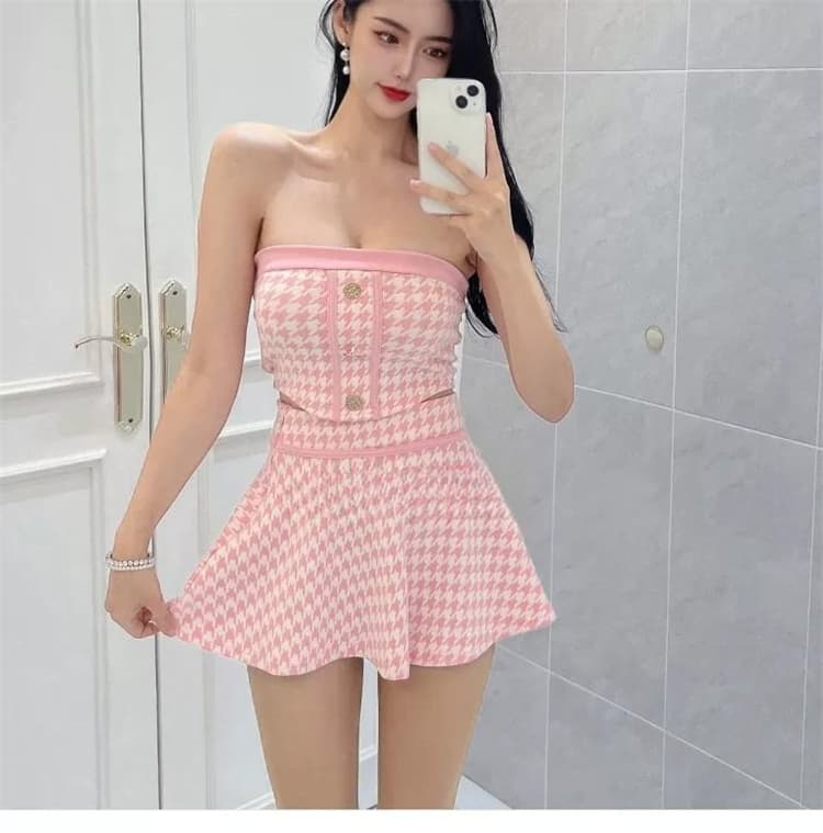 한국 새로운 품격 몸매 가꾸기 민소매 디스플레이 몸 하운드투스 체크 mo 조끼 티셔츠 플리츠 반신 스커트 두 조각 여성 세트 상세 이미지 8