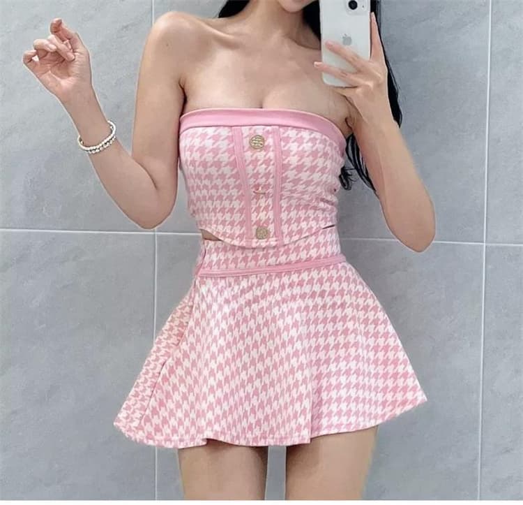 한국 새로운 품격 몸매 가꾸기 민소매 디스플레이 몸 하운드투스 체크 mo 조끼 티셔츠 플리츠 반신 스커트 두 조각 여성 세트 상세 이미지 10