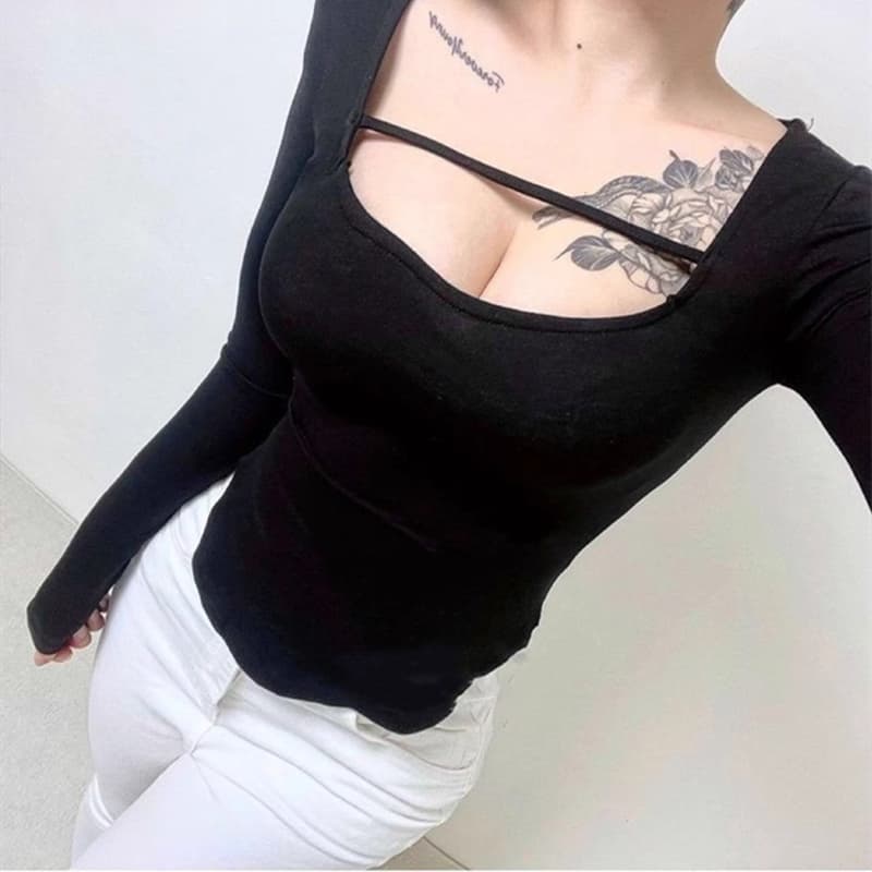한국 동대문 가을 겨울 새로운 몸매 가꾸기 이슬 쇄골 낮은 네크라인 홀로우 아웃 광장 칼라 타이트 디스플레이 몸 긴팔 티셔츠 여성 이미지 3