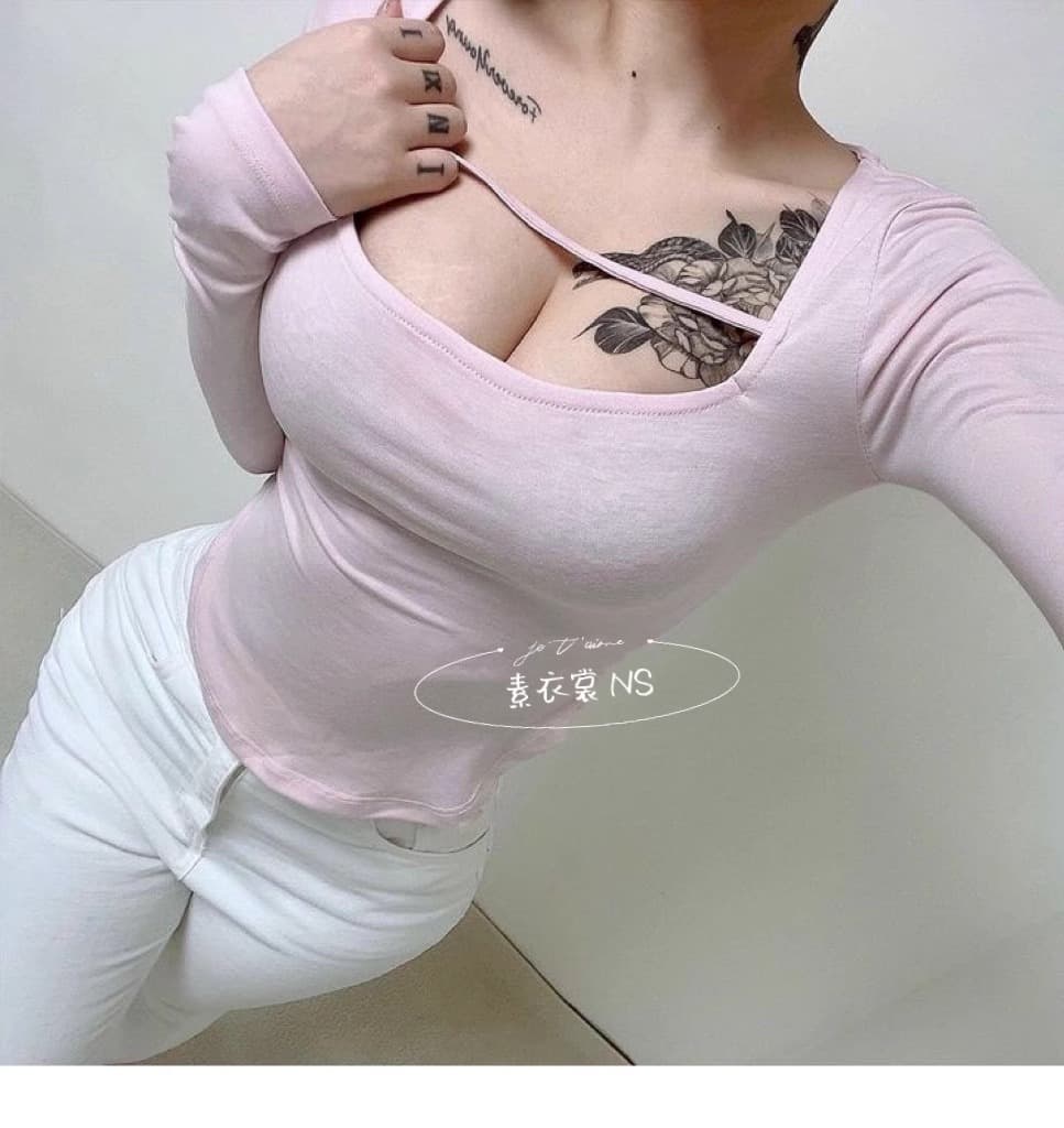 한국 동대문 가을 겨울 새로운 몸매 가꾸기 이슬 쇄골 낮은 네크라인 홀로우 아웃 광장 칼라 타이트 디스플레이 몸 긴팔 티셔츠 여성 상세 이미지 6