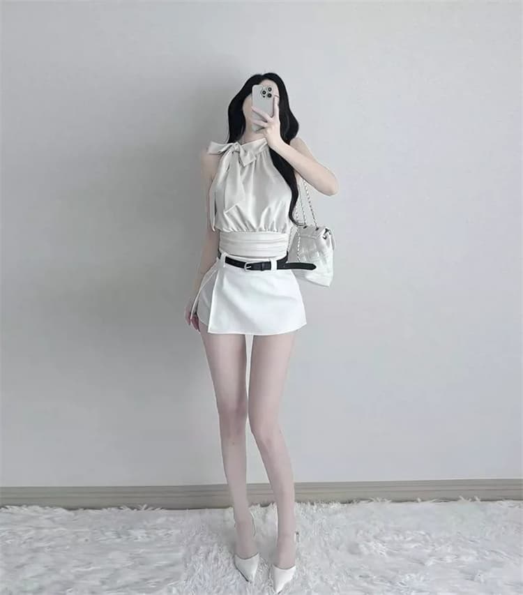 한국 동대문 새로운 품격 몸매 가꾸기 나비 매듭 스트랩 허리 수축 디스플레이 몸 민소매 쇼트 스타일 오프숄더 티셔츠 여성 상세 이미지 5