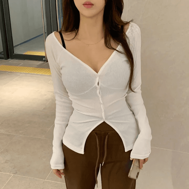 한국 동대문 새로운 품격 몸매 가꾸기 V넥 수 있습니다. 오프숄더 꼬집기 허리 디스플레이 몸 트임 다용도 긴팔 오픈 가디건 티셔츠 이미지 2
