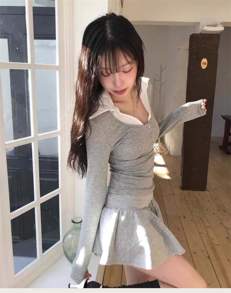 한국 동대문 새로운 품격 배색 패치워크 디자인 센스 폴로 칼라 다용도 몸매 가꾸기 디스플레이 몸 긴팔 티셔츠 여성 상세 이미지 5