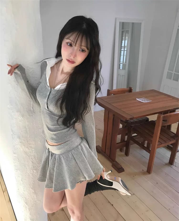 한국 동대문 새로운 품격 배색 패치워크 디자인 센스 폴로 칼라 다용도 몸매 가꾸기 디스플레이 몸 긴팔 티셔츠 여성 상세 이미지 7