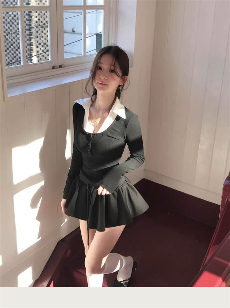 한국 동대문 새로운 품격 배색 패치워크 디자인 센스 폴로 칼라 다용도 몸매 가꾸기 디스플레이 몸 긴팔 티셔츠 여성 상세 이미지 12