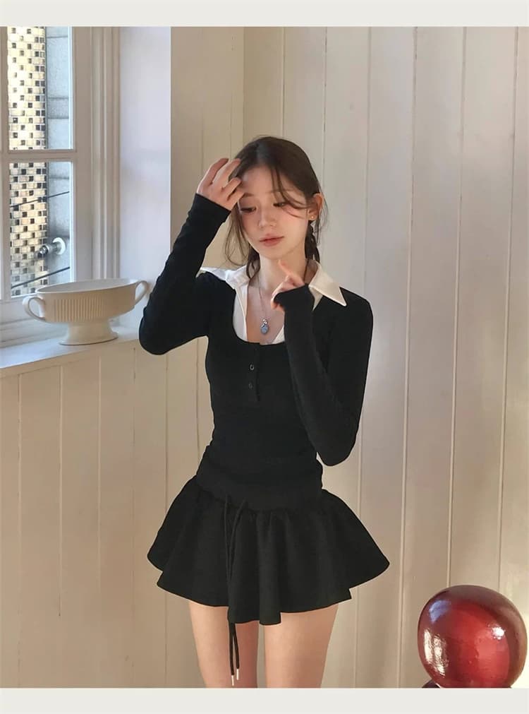 한국 동대문 새로운 품격 배색 패치워크 디자인 센스 폴로 칼라 다용도 몸매 가꾸기 디스플레이 몸 긴팔 티셔츠 여성 상세 이미지 13