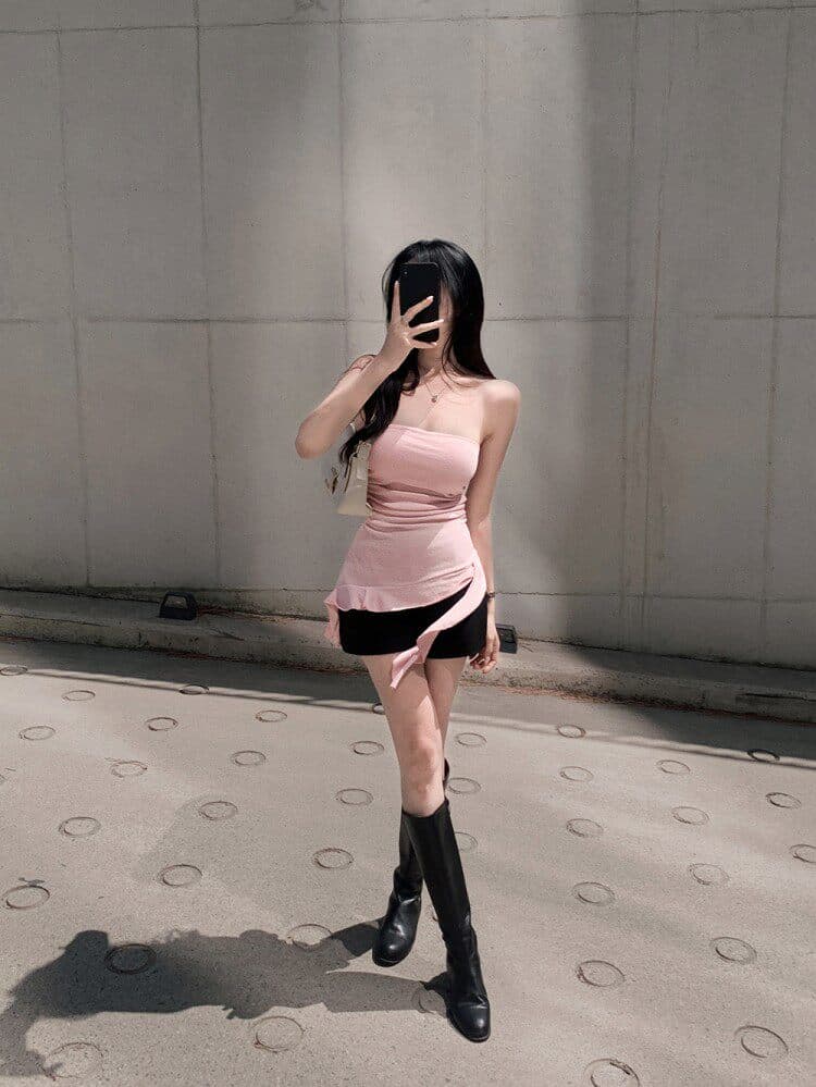 한국 동대문 새로운 품격 몸매 가꾸기 보트넥 오프숄더 민소매 디스플레이 몸 벨트 패드 비대칭 mo 가슴 티셔츠 상세 이미지 9