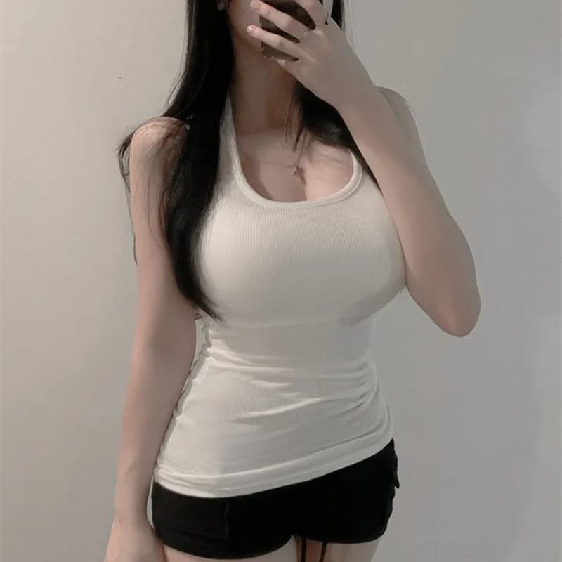 한국 동대문 새로운 품격 몸매 가꾸기 행침 목 백리스 얇은 스타일 마이크로 ~을 통해 디스플레이 몸 민소매 만나는 조끼 티셔츠 이미지 2