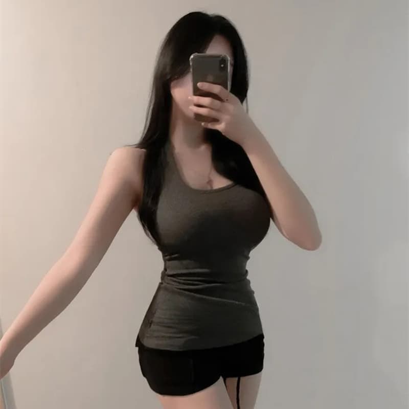 한국 동대문 새로운 품격 몸매 가꾸기 행침 목 백리스 얇은 스타일 마이크로 ~을 통해 디스플레이 몸 민소매 만나는 조끼 티셔츠 이미지 4