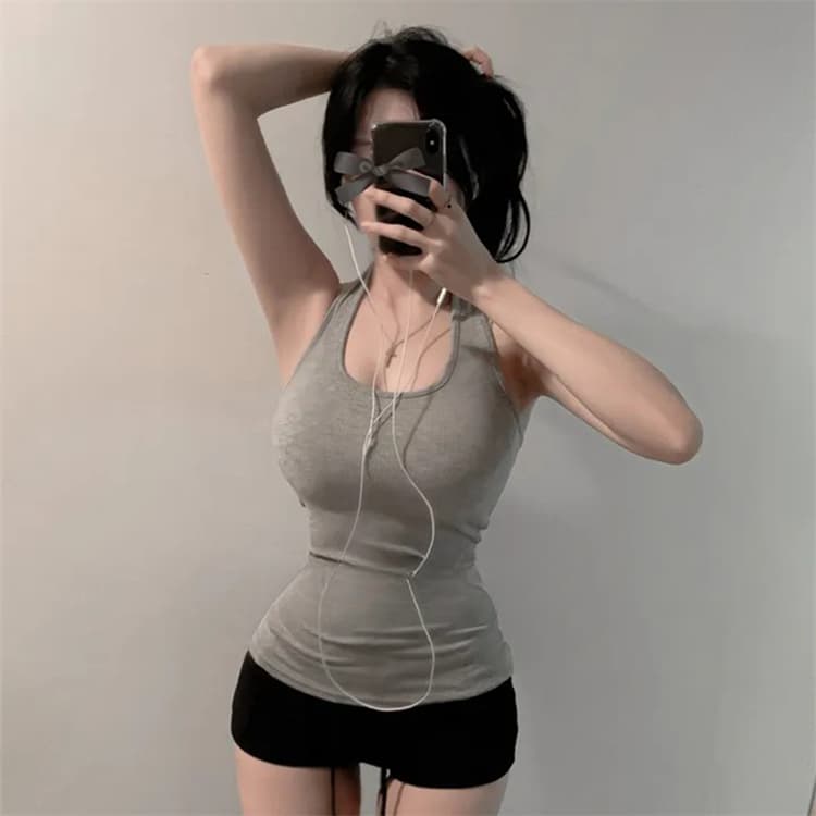한국 동대문 새로운 품격 몸매 가꾸기 행침 목 백리스 얇은 스타일 마이크로 ~을 통해 디스플레이 몸 민소매 만나는 조끼 티셔츠 상세 이미지 6