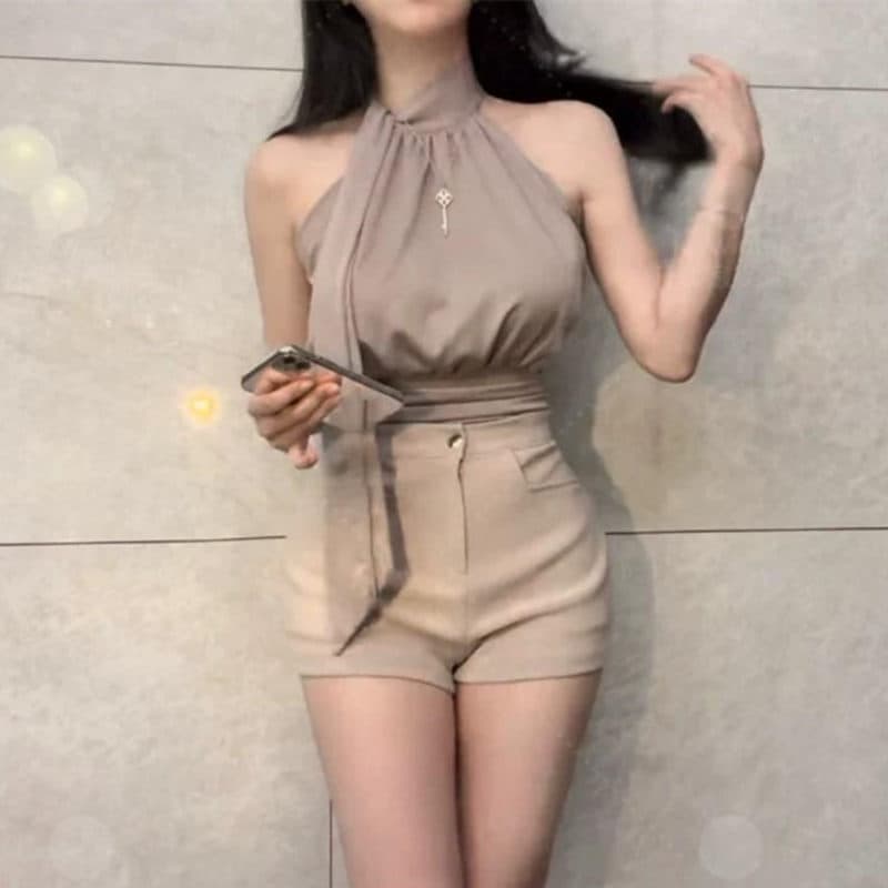 한국 동대문 새로운 품격 몸매 가꾸기 나비 매듭 스트랩 허리 수축 디스플레이 몸 민소매 쇼트 스타일 오프숄더 티셔츠 여성 이미지 2