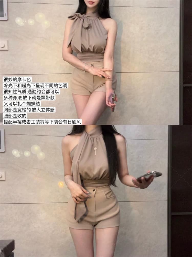 한국 동대문 새로운 품격 몸매 가꾸기 나비 매듭 스트랩 허리 수축 디스플레이 몸 민소매 쇼트 스타일 오프숄더 티셔츠 여성 상세 이미지 1