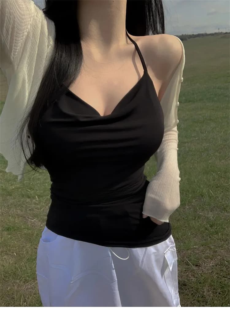 한국 새로운 품격 흔들다 칼라 몸매 가꾸기 얇은 스타일 마이크로 ~을 통해 디스플레이 몸 행침 목 레이스업 비대칭 백리스 다용도 티셔츠 상세 이미지 10
