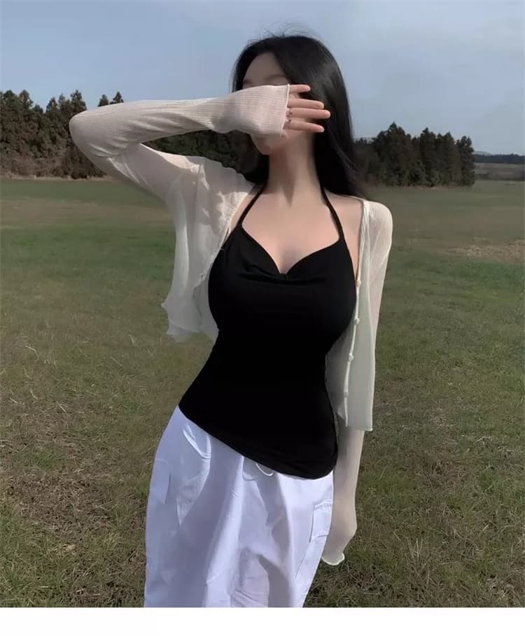 한국 새로운 품격 흔들다 칼라 몸매 가꾸기 얇은 스타일 마이크로 ~을 통해 디스플레이 몸 행침 목 레이스업 비대칭 백리스 다용도 티셔츠 상세 이미지 11