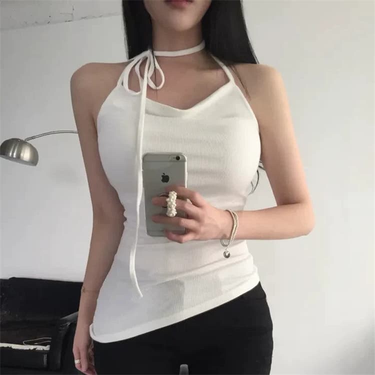 한국 새로운 품격 흔들다 칼라 몸매 가꾸기 얇은 스타일 마이크로 ~을 통해 디스플레이 몸 행침 목 레이스업 비대칭 백리스 다용도 티셔츠 상세 이미지 3