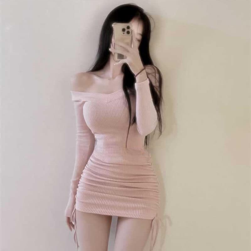 한국 동대문 새로운 품격 몸매 가꾸기 순수한 욕망 빅 브이 넥 수 있습니다. 오프숄더 디스플레이 몸 펌프 로프 타이트 스커트 점프 슈트 미니 스커트 이미지 6