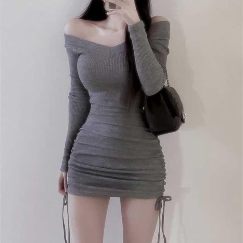 한국 동대문 새로운 품격 몸매 가꾸기 순수한 욕망 빅 브이 넥 수 있습니다. 오프숄더 디스플레이 몸 펌프 로프 타이트 스커트 점프 슈트 미니 스커트 이미지 2