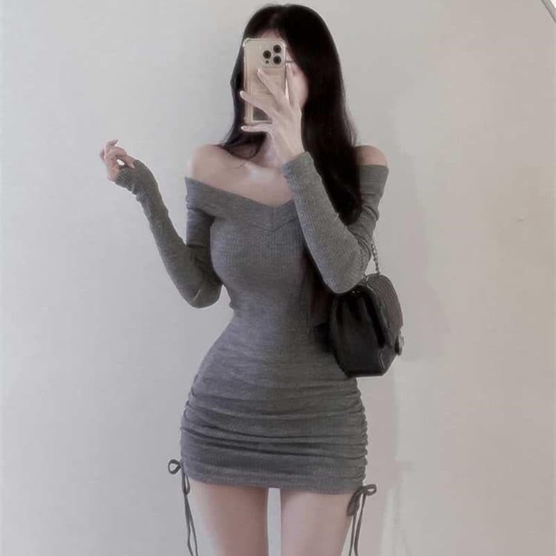한국 동대문 새로운 품격 몸매 가꾸기 순수한 욕망 빅 브이 넥 수 있습니다. 오프숄더 디스플레이 몸 펌프 로프 타이트 스커트 점프 슈트 미니 스커트 이미지 4