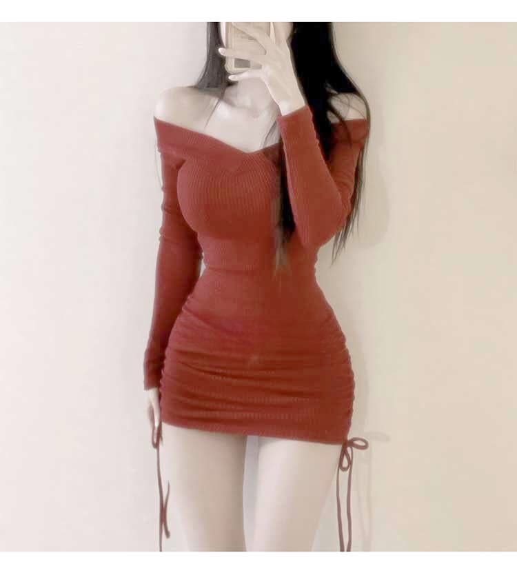 한국 동대문 새로운 품격 몸매 가꾸기 순수한 욕망 빅 브이 넥 수 있습니다. 오프숄더 디스플레이 몸 펌프 로프 타이트 스커트 점프 슈트 미니 스커트 상세 이미지 9