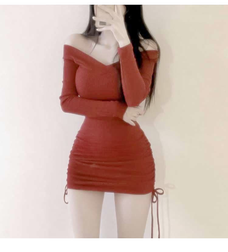 한국 동대문 새로운 품격 몸매 가꾸기 순수한 욕망 빅 브이 넥 수 있습니다. 오프숄더 디스플레이 몸 펌프 로프 타이트 스커트 점프 슈트 미니 스커트 상세 이미지 11