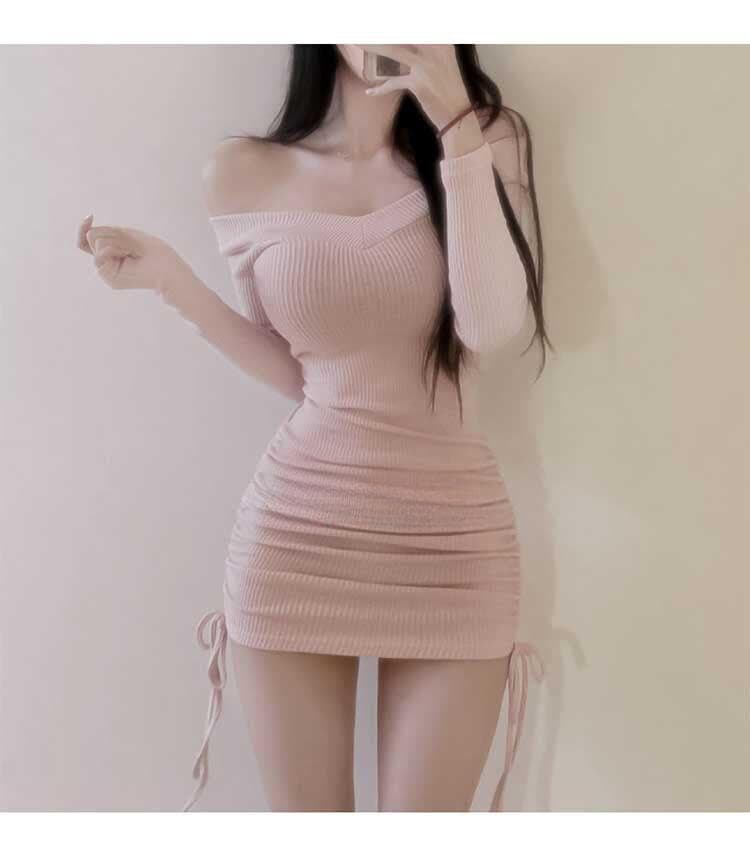 한국 동대문 새로운 품격 몸매 가꾸기 순수한 욕망 빅 브이 넥 수 있습니다. 오프숄더 디스플레이 몸 펌프 로프 타이트 스커트 점프 슈트 미니 스커트 상세 이미지 16