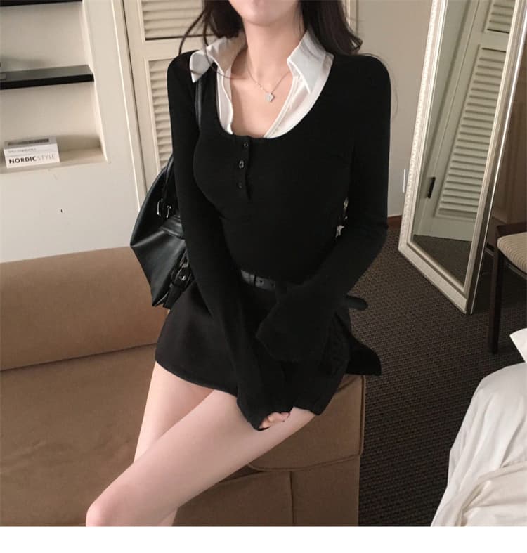 한국 동대문 새로운 품격 몸매 가꾸기 페이크 레이어드 polo 폴로 칼라 단추 패치워크 색상 긴팔 기본 셔츠 티셔츠 여성 상세 이미지 19