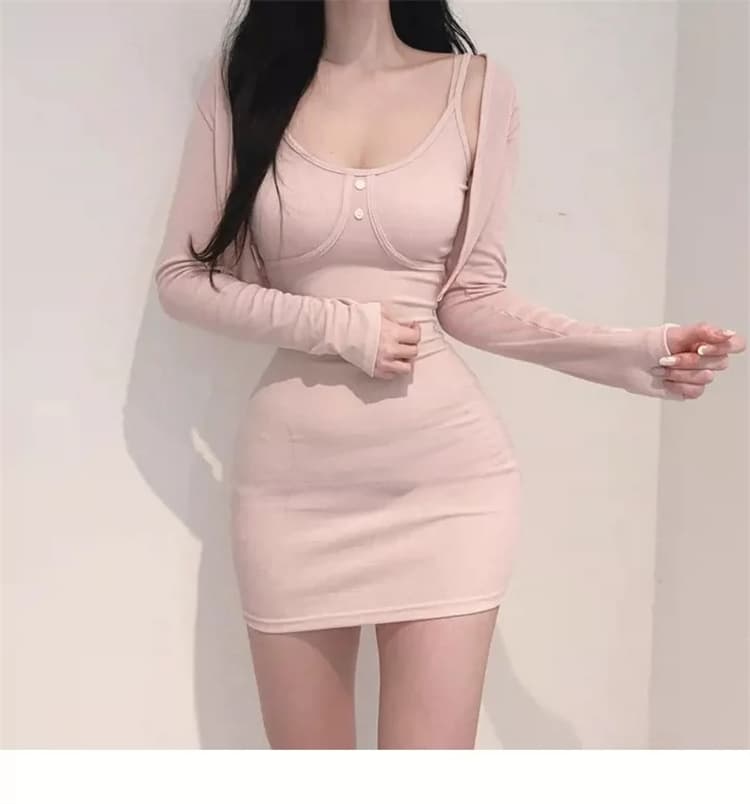 한국 동대문 새로운 품격 u 칼라 허리 수축 몸매 가꾸기 디스플레이 몸 타이트 스커트 슬립 드레스 긴팔 오픈 가디건 투피스 세트 상세 이미지 2