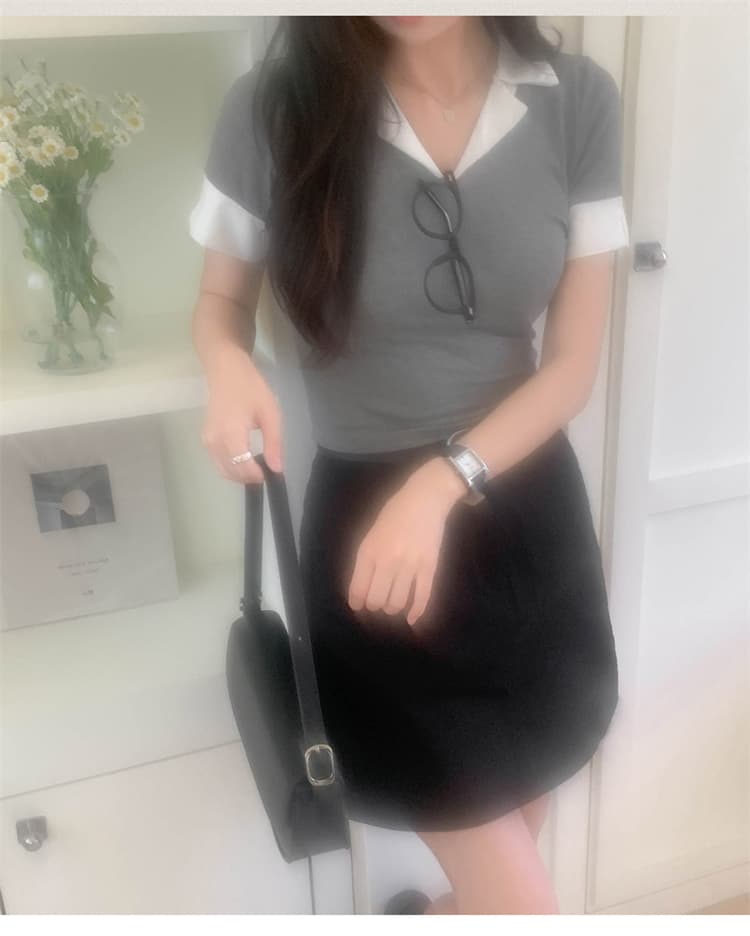 한국 동대문 새로운 품격 몸매 가꾸기 허리 수축 디스플레이 몸 polo 폴로 칼라 배색 패치워크 다용도 반팔 티셔츠 상세 이미지 1