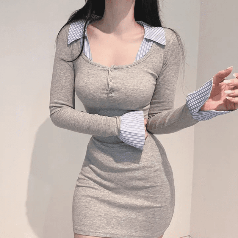 한국 동대문 새로운 품격 폴로 칼라 패치워크 배색 쇼트 스타일 긴팔 티셔츠 하이웨이스트 타이트 스커트 미니 스커트 투피스 세트 이미지 2