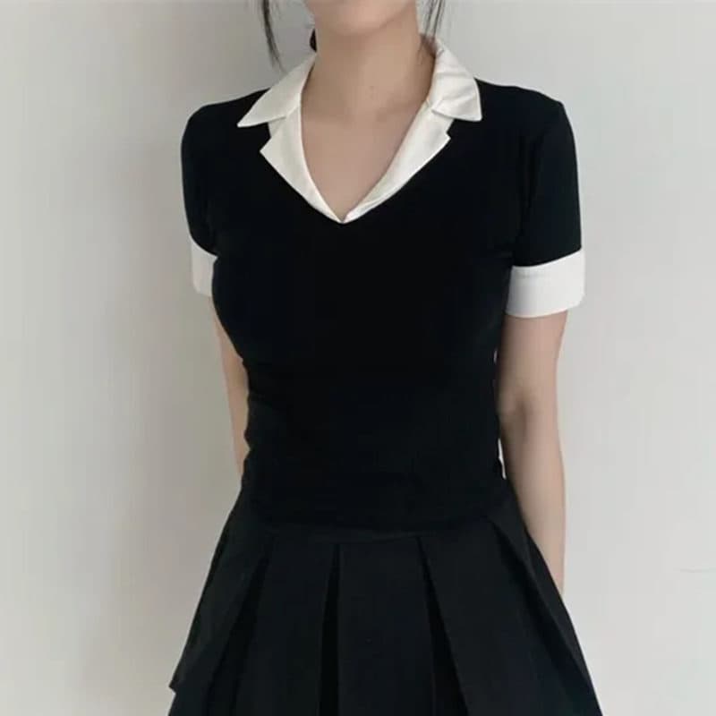 한국 동대문 새로운 품격 몸매 가꾸기 디스플레이 몸 pol 폴로 칼라 패치워크 배색 다용도 반팔 티셔츠 맨위 여성 이미지 3