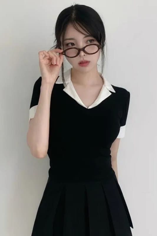 한국 동대문 새로운 품격 몸매 가꾸기 디스플레이 몸 pol 폴로 칼라 패치워크 배색 다용도 반팔 티셔츠 맨위 여성 이미지 7