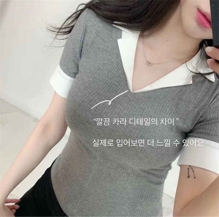 한국 동대문 새로운 품격 몸매 가꾸기 디스플레이 몸 pol 폴로 칼라 패치워크 배색 다용도 반팔 티셔츠 맨위 여성 상세 이미지 7