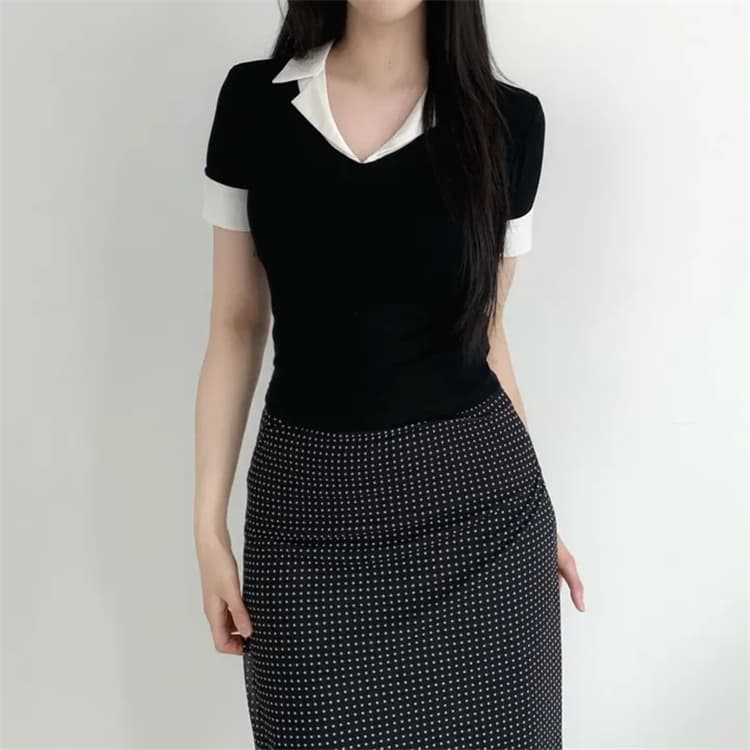 한국 동대문 새로운 품격 몸매 가꾸기 디스플레이 몸 pol 폴로 칼라 패치워크 배색 다용도 반팔 티셔츠 맨위 여성 상세 이미지 19