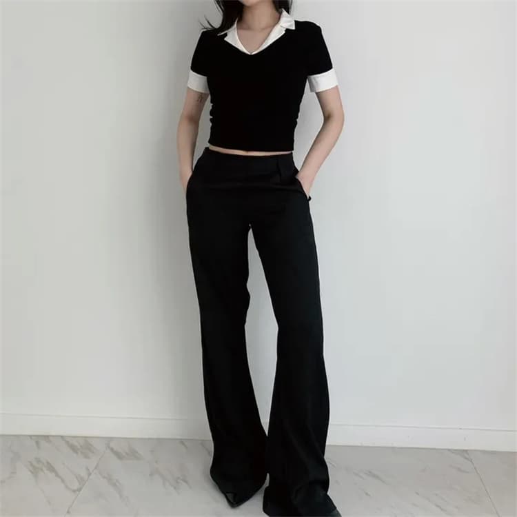 한국 동대문 새로운 품격 몸매 가꾸기 디스플레이 몸 pol 폴로 칼라 패치워크 배색 다용도 반팔 티셔츠 맨위 여성 상세 이미지 23