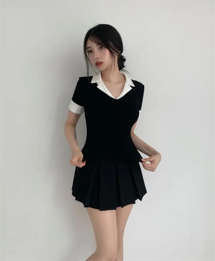 한국 동대문 새로운 품격 몸매 가꾸기 디스플레이 몸 pol 폴로 칼라 패치워크 배색 다용도 반팔 티셔츠 맨위 여성 상세 이미지 24