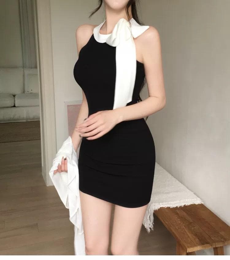 한국 동대문 봄 여름 새로운 품격 몸매 가꾸기 디스플레이 몸 네클라인 레이스업 디자인 센스 타이트 스커트 리본 드레스 상세 이미지 6