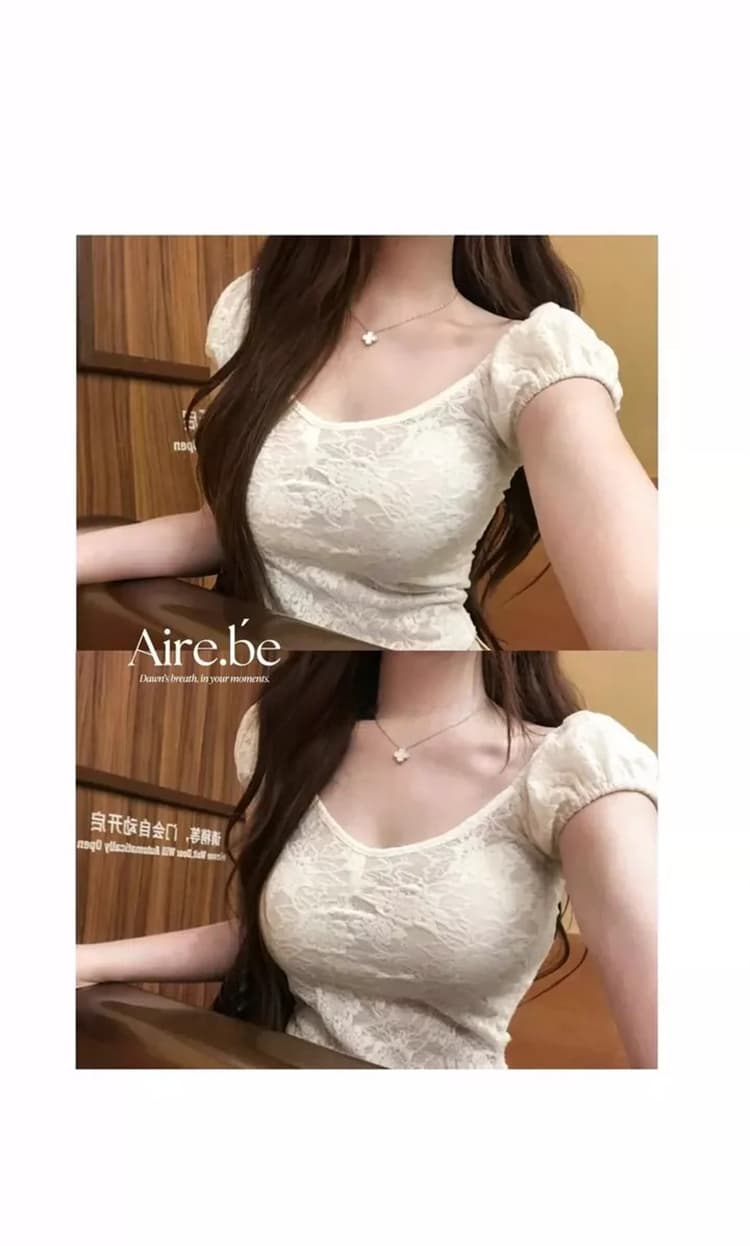 한국 동대문 새로운 품격 패션 단색 질감 몸매 가꾸기 쇼트 스타일 디스플레이 몸 반팔 레이스 셔츠 티셔츠 여성 상세 이미지 2