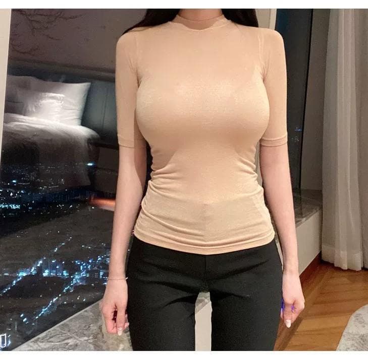 한국 동대문 새로운 품격 얇은 스타일 마이크로 ~을 통해 몸매 가꾸기 디스플레이 몸 5 점 중간 소매 라운드 넥 다용도 타이트 티셔츠 상세 이미지 15