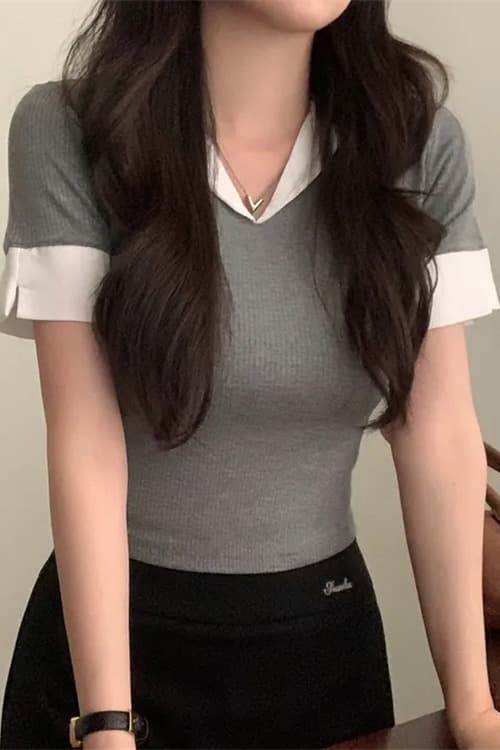 한국 동대문 새로운 품격 몸매 가꾸기 허리 수축 디스플레이 몸 polo 폴로 칼라 배색 패치워크 다용도 반팔 티셔츠 이미지 7