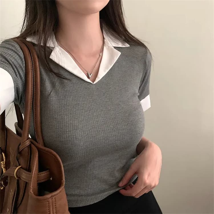한국 동대문 새로운 품격 몸매 가꾸기 허리 수축 디스플레이 몸 polo 폴로 칼라 배색 패치워크 다용도 반팔 티셔츠 상세 이미지 8