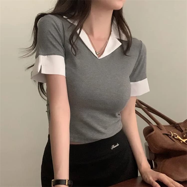 한국 동대문 새로운 품격 몸매 가꾸기 허리 수축 디스플레이 몸 polo 폴로 칼라 배색 패치워크 다용도 반팔 티셔츠 상세 이미지 13